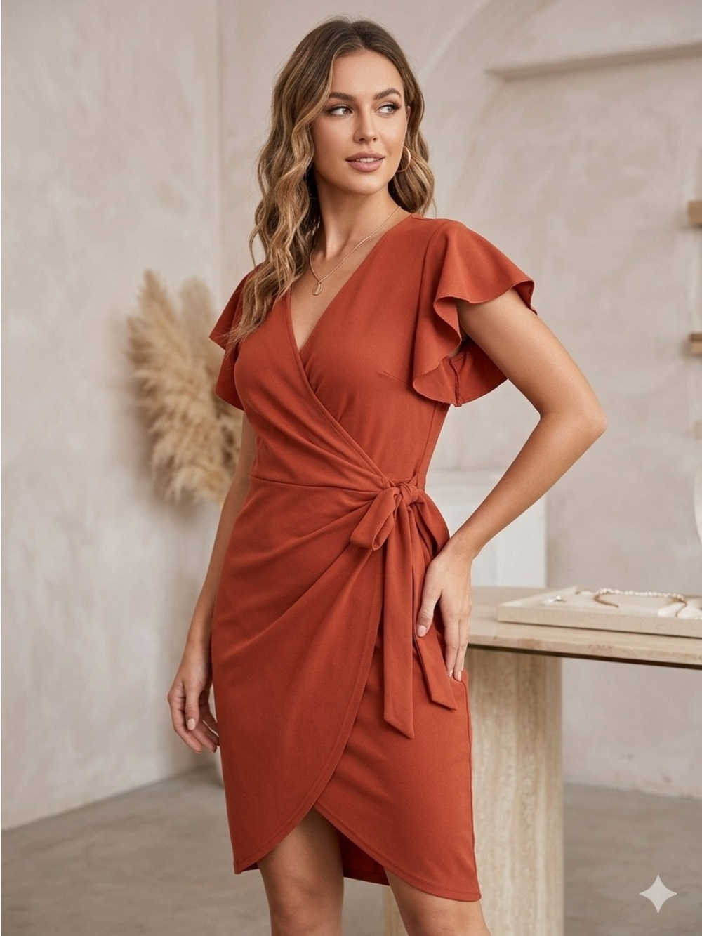 OTEN Rust Orange Faux-Wrap Midi Dress with Ruffle Sleeves